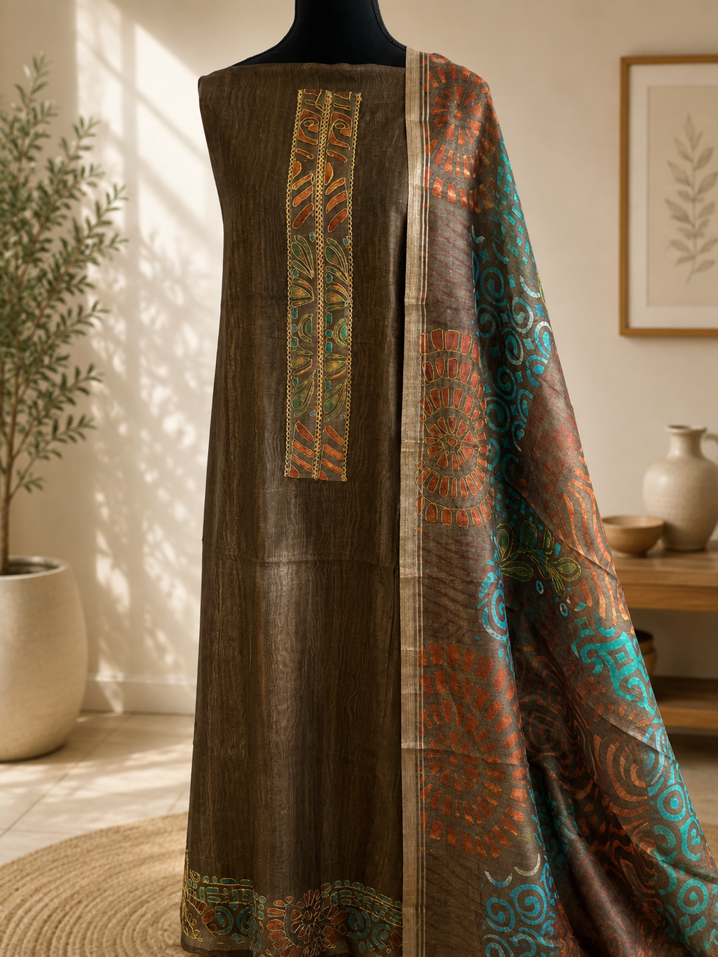 Olive Tissue Summer Silk Printed Suit Set