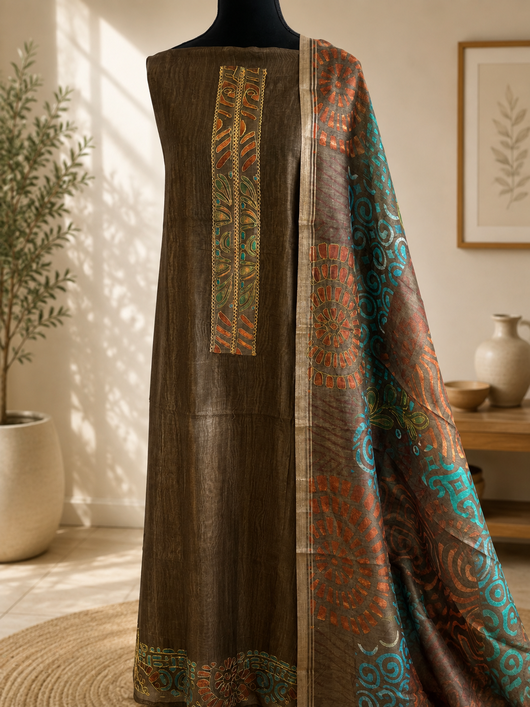 Olive Tissue Summer Silk Printed Suit Set