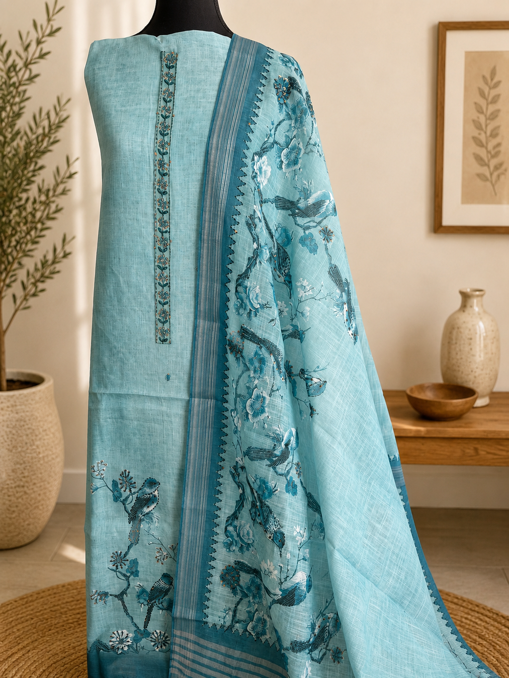Aqua Blue Cotton Weave Bird & Floral Suit Set