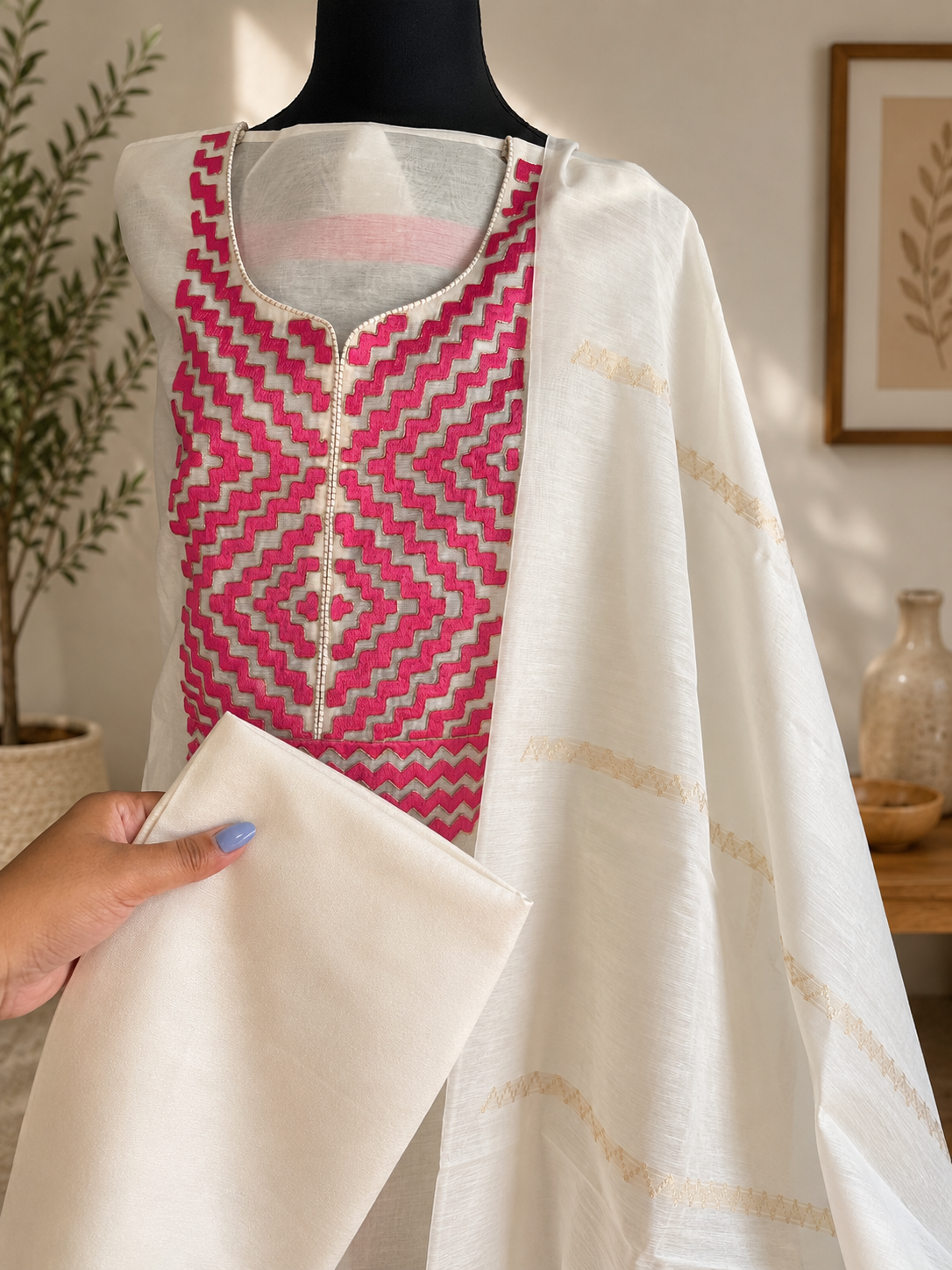 Off-White & Pink Embroidered Cotton Weave Suit Set
