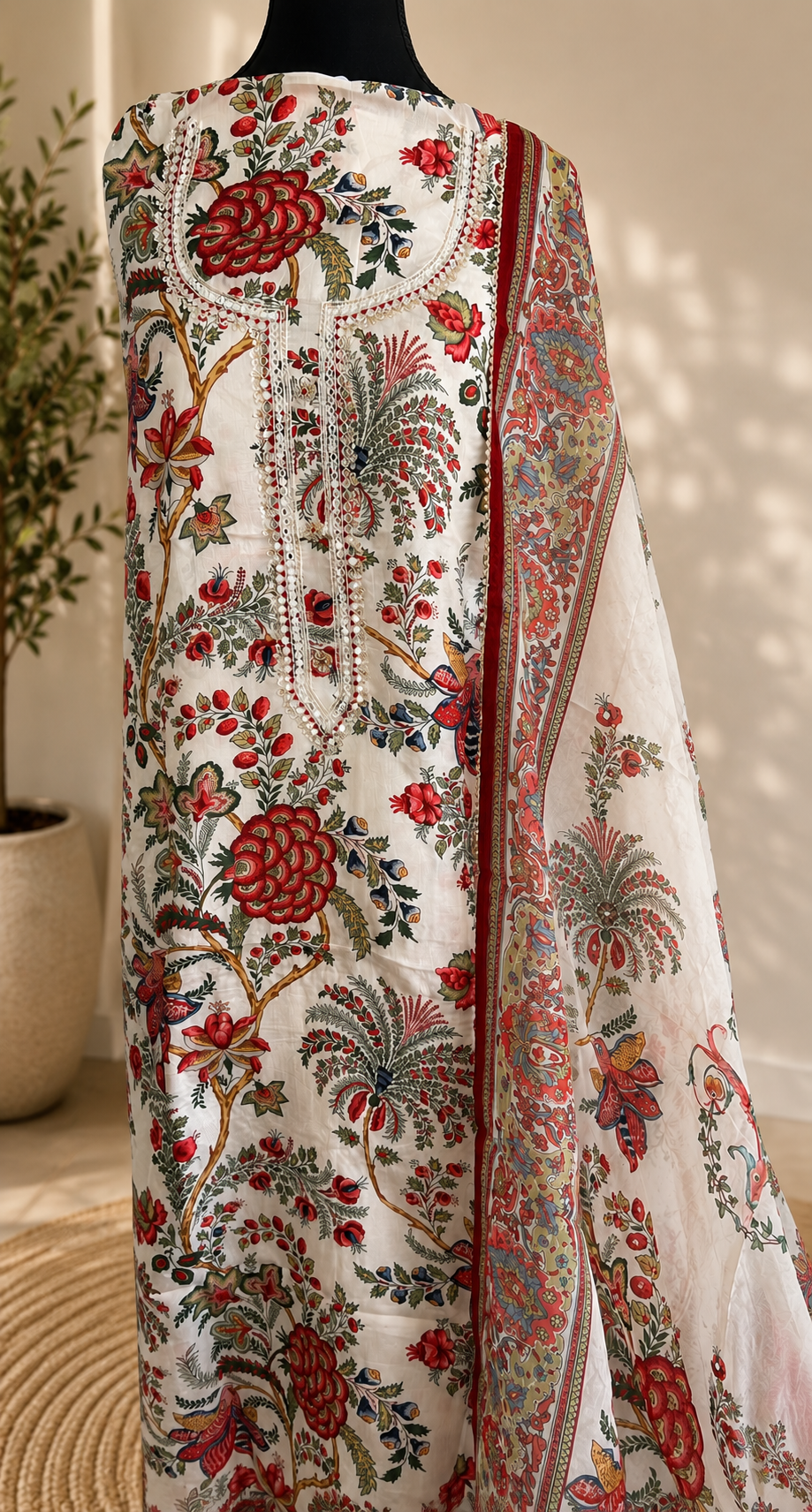 Ivory Floral Russian Silk Suit Set