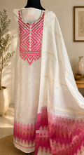 Off-White & Pink Embroidered Cotton Weave Suit Set