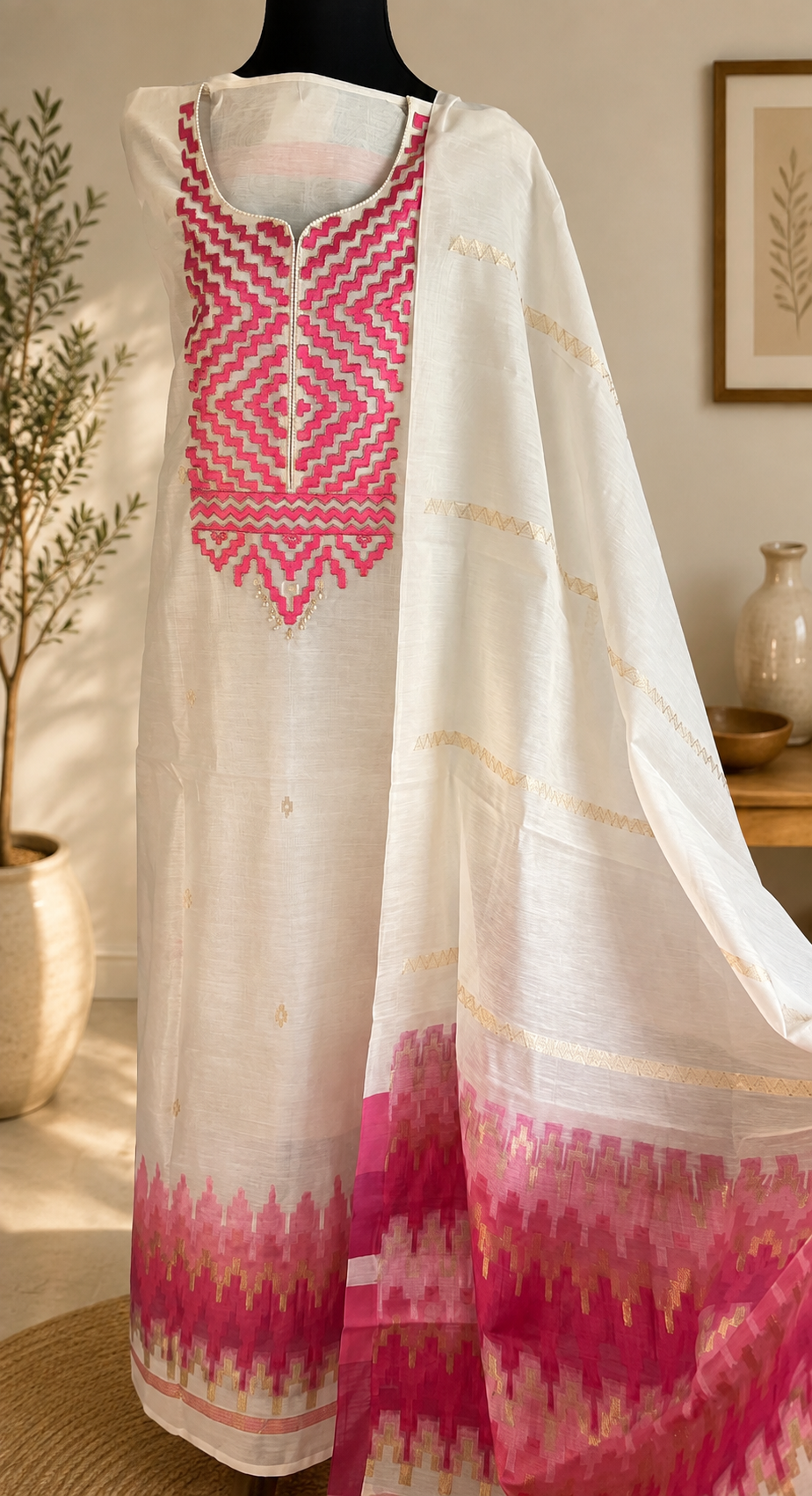 Off-White & Pink Embroidered Cotton Weave Suit Set