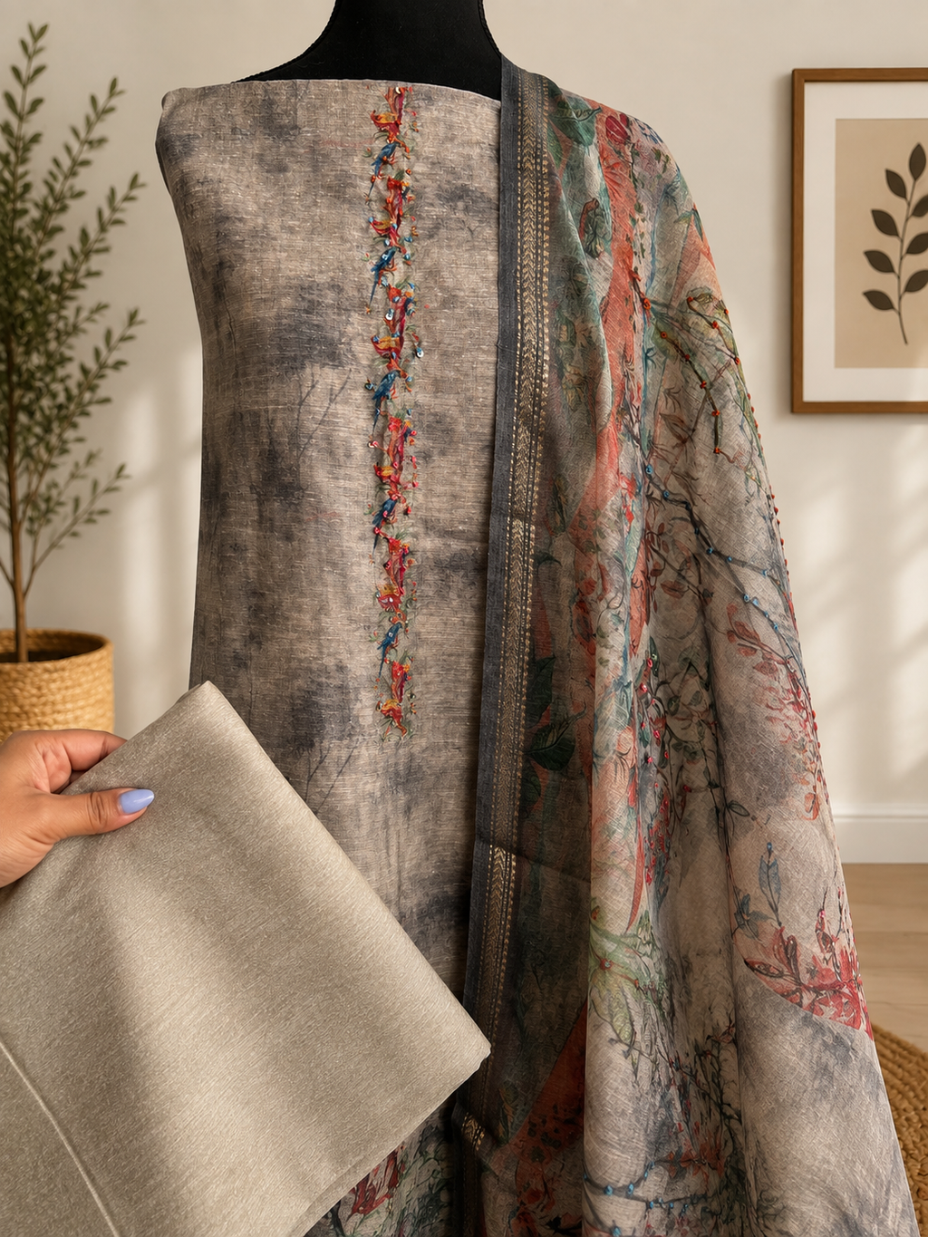 Grey Cotton Weave Embroidered Suit Set