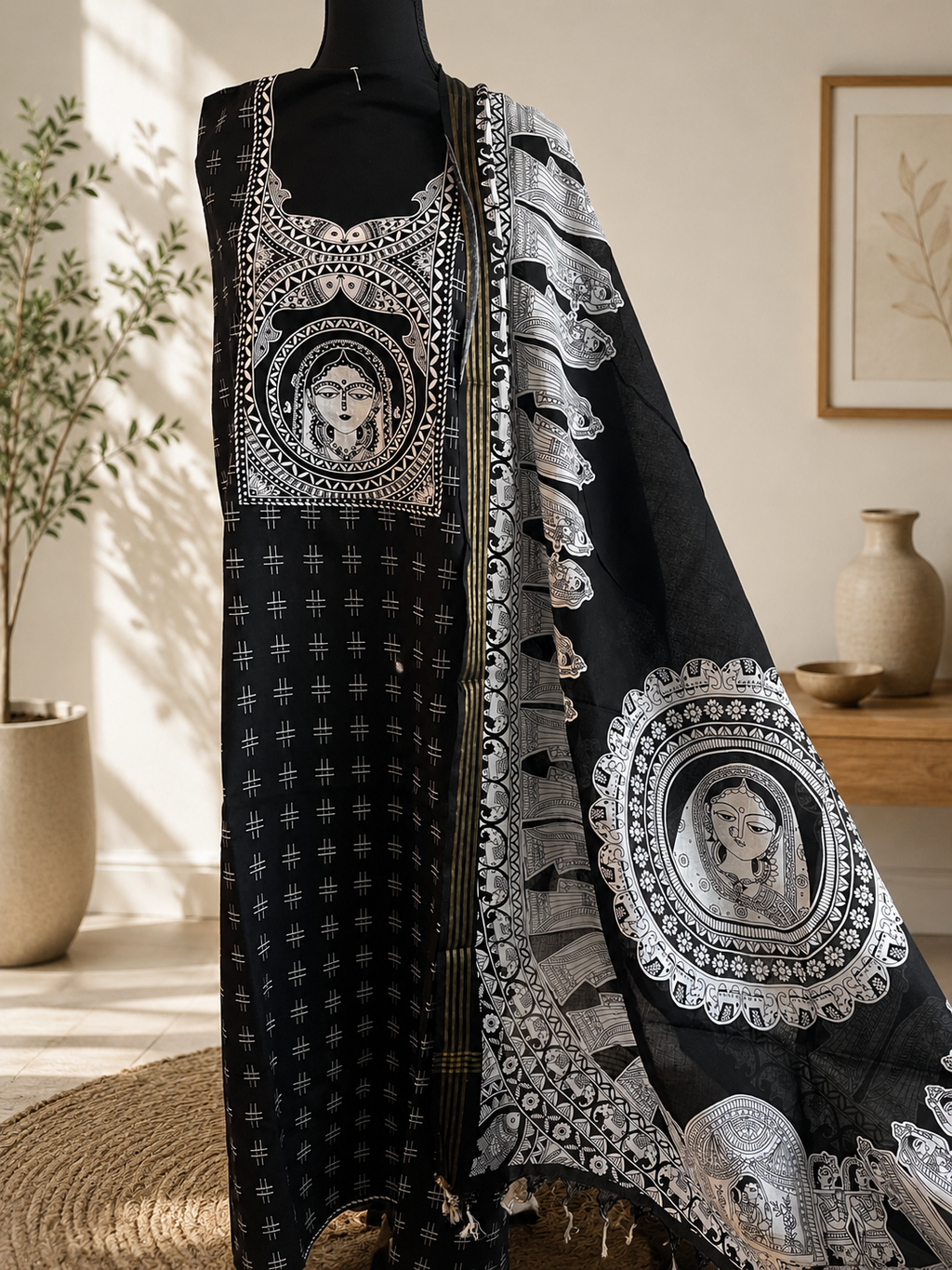 Black Maheshwari Cotton Madhubani Suit Set