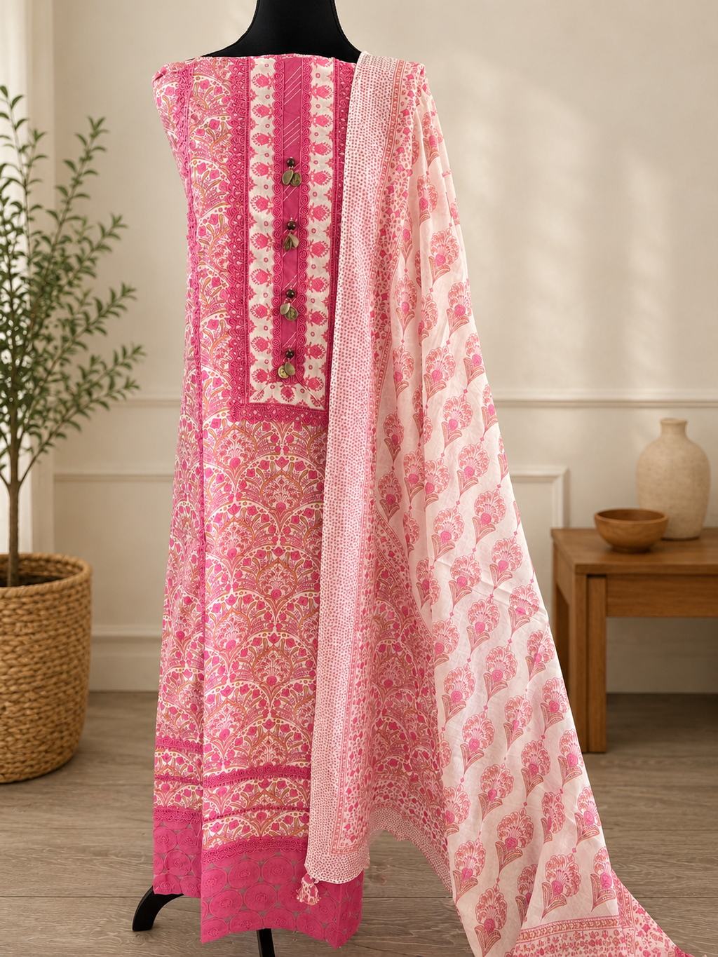 Pink Floral Cotton Suit Set