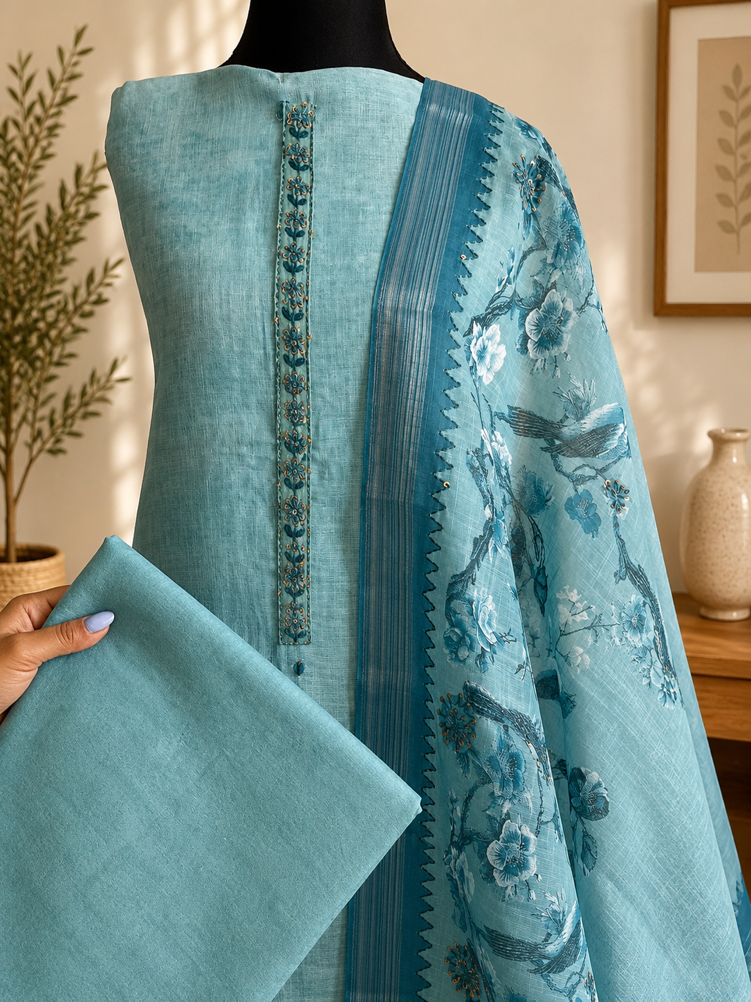 Aqua Blue Cotton Weave Bird & Floral Suit Set