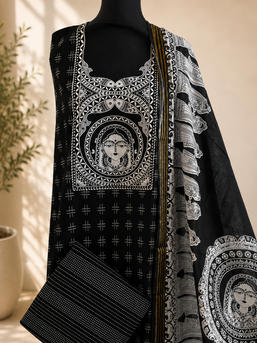 Black Maheshwari Cotton Madhubani Suit Set