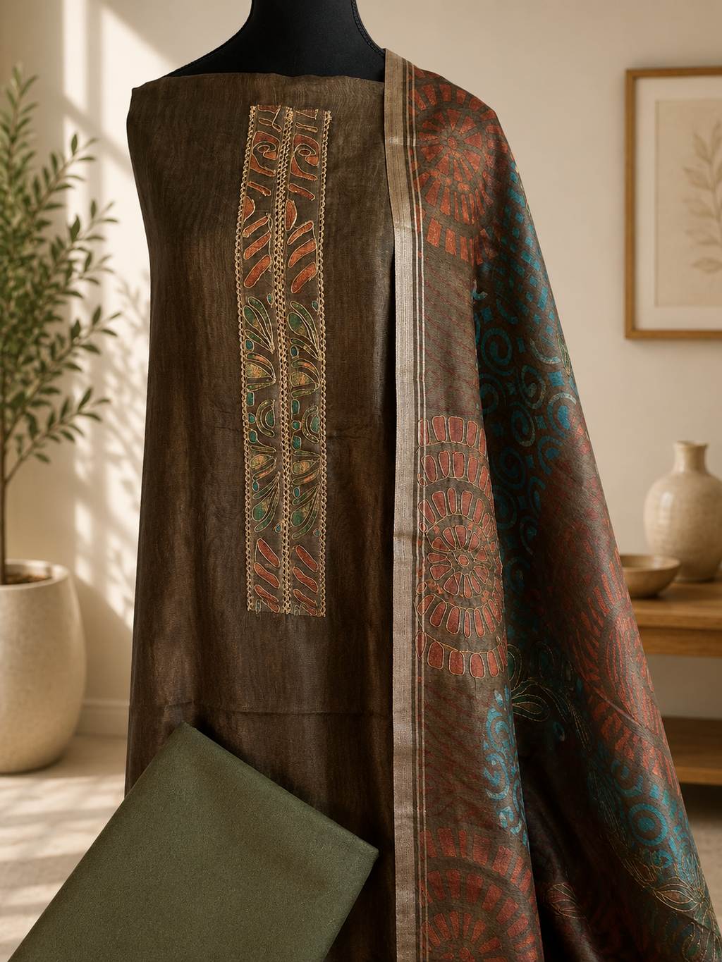 Olive Tissue Summer Silk Printed Suit Set