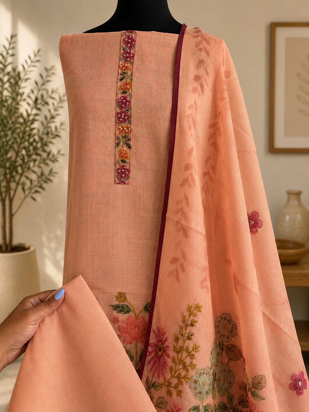Rose Peach Jamdani Embroidered Suit Set