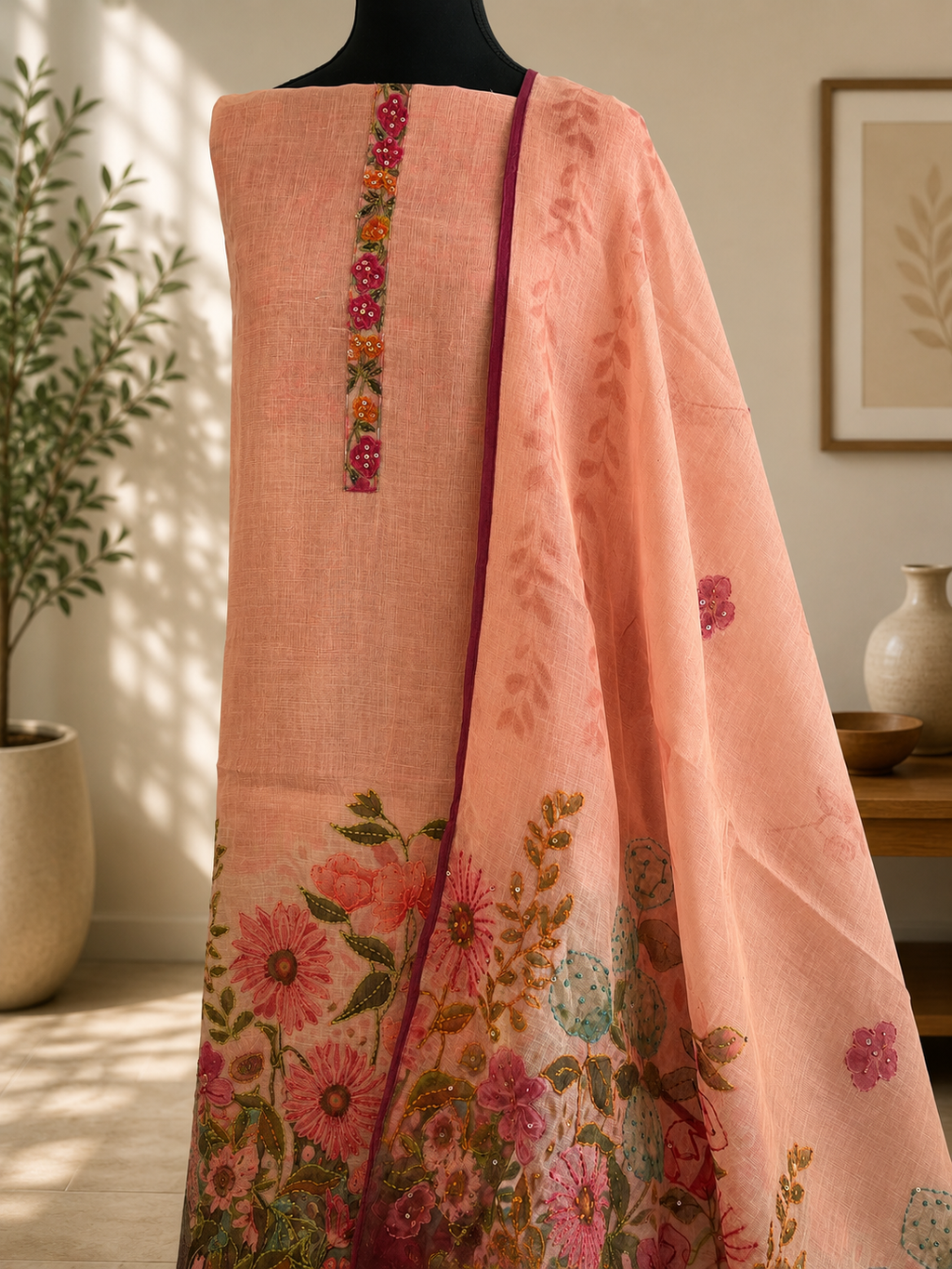 Rose Peach Jamdani Embroidered Suit Set