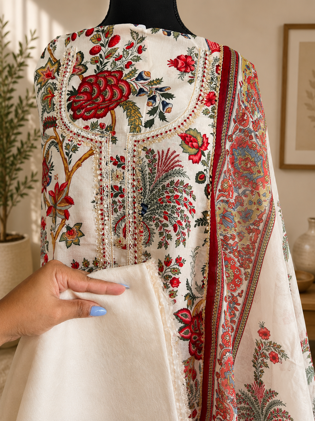 Ivory Floral Russian Silk Suit Set