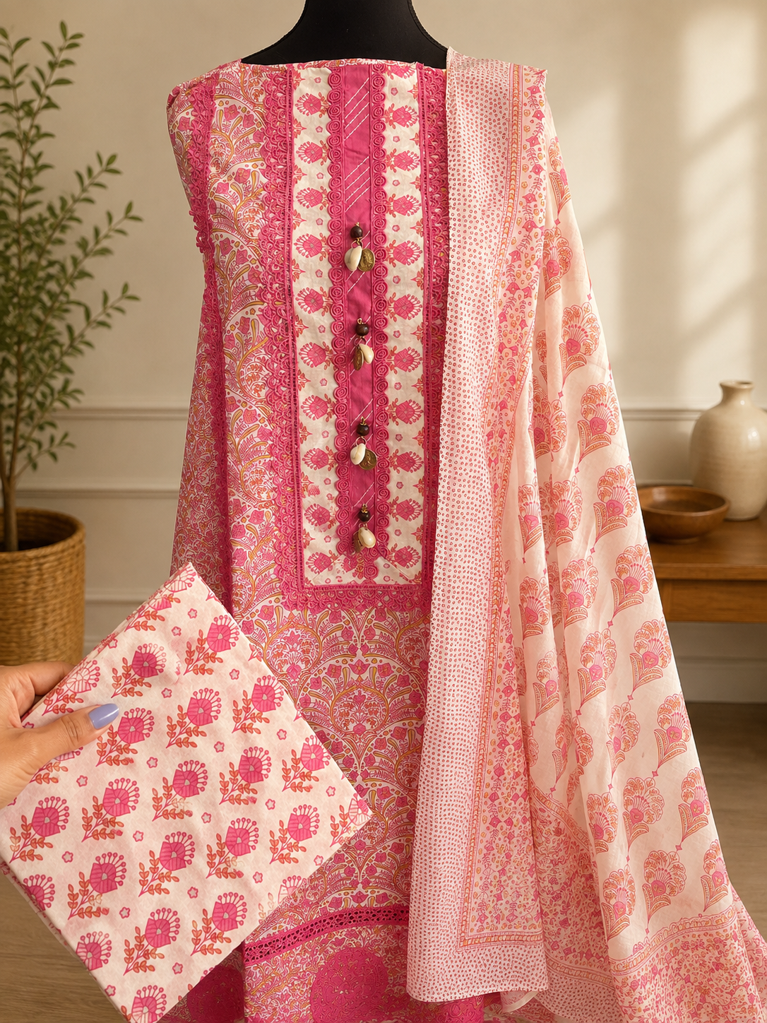 Pink Floral Cotton Suit Set