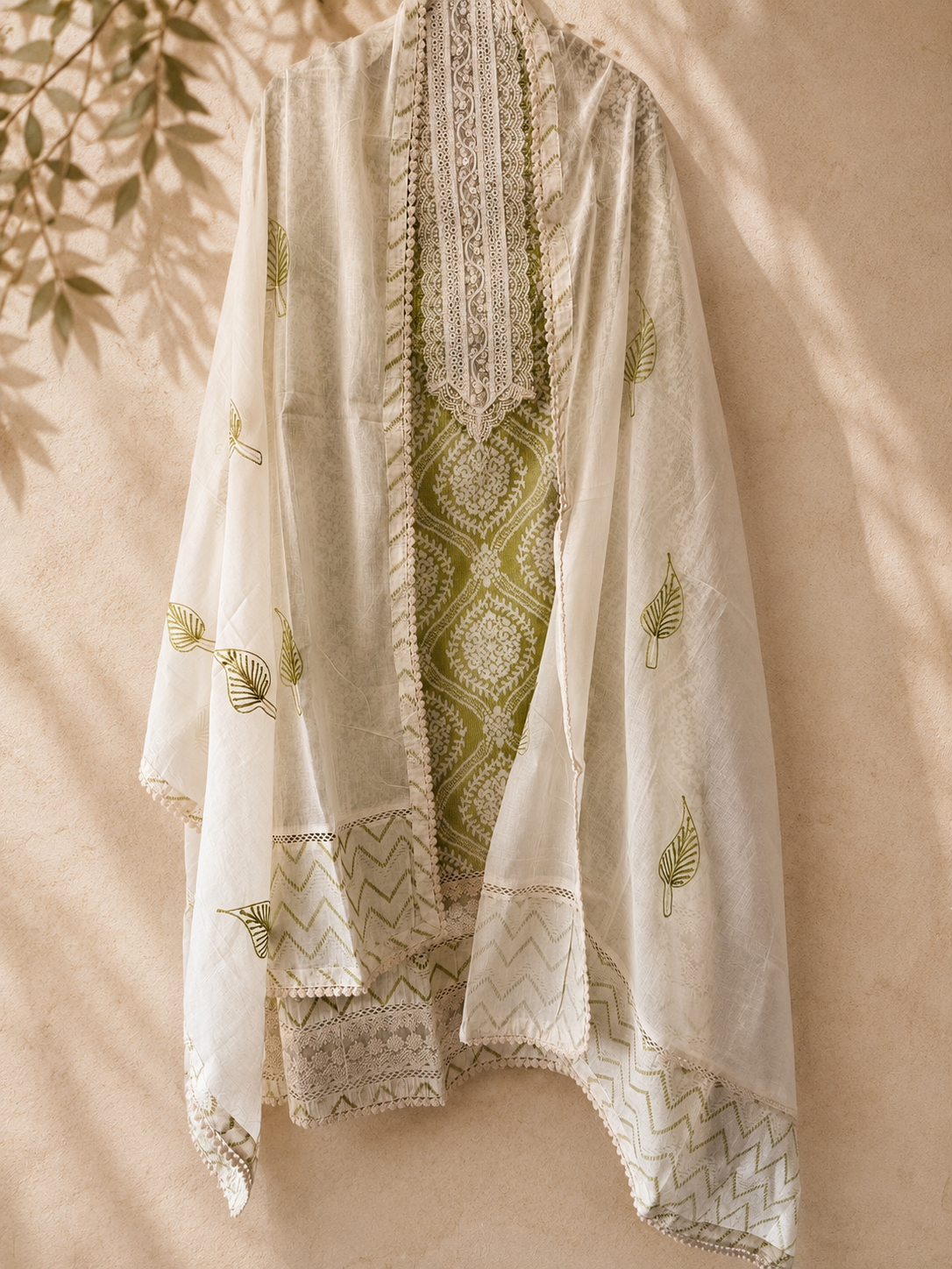 Ivory Olive Chikankari-Inspired Suit Set