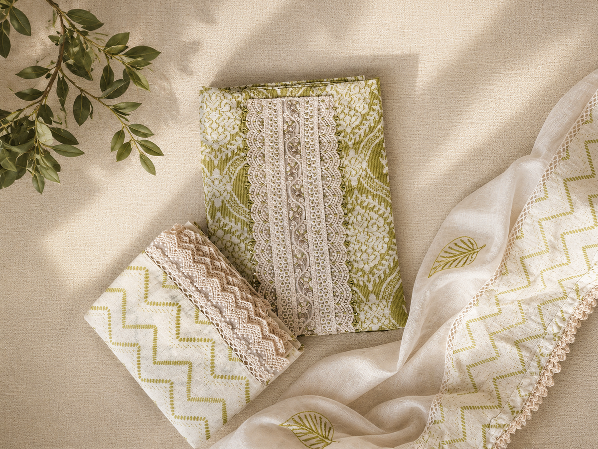 Ivory Olive Chikankari-Inspired Suit Set